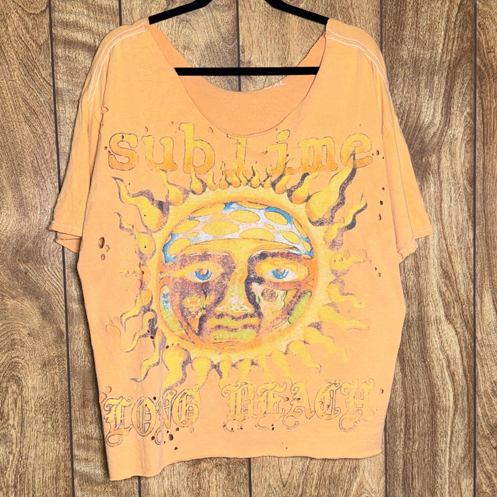 Sublime Orange Distressed Cut Graphic Tee Hippie Grunge Loose Fit Top Womens XL